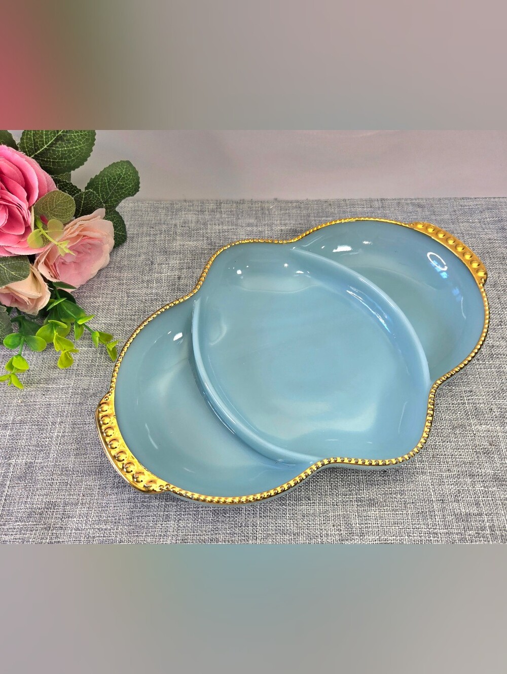 Vintage Fire-King Turquoise Delphite Blue Divided Relish Dish Gold Beaded Rim 11